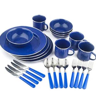 China Sustainable Enamel 24-Piece Camping Dinnerware Set: Dishes, Bowls, Cups & Utensils for sale