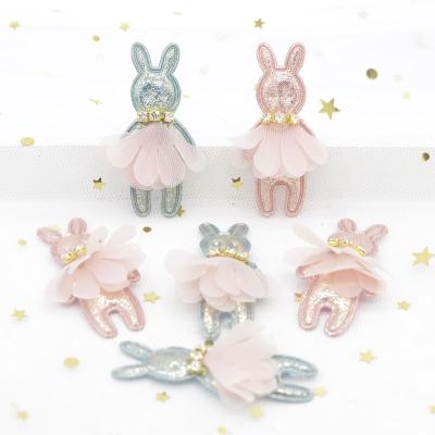 China 3D 24*50mm Glitter Padded Patches Rabbit With Rhinestone Mesh Skirt Appliques For Clothes Hat Gaiters Decor DIY Headwear for sale