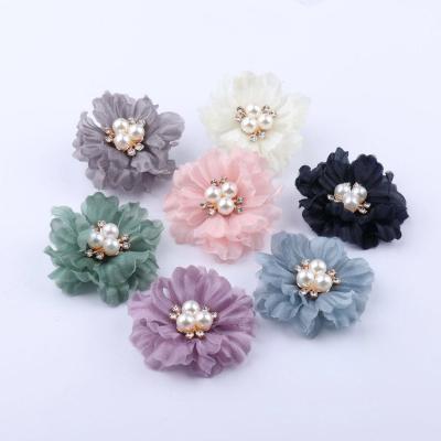 China 3D 6.5cm Fashion Ruffled Metallic Fabric Flowers With Beads For Hair Section Beautiful Flora Flower Headwear For Shoes Apparel for sale