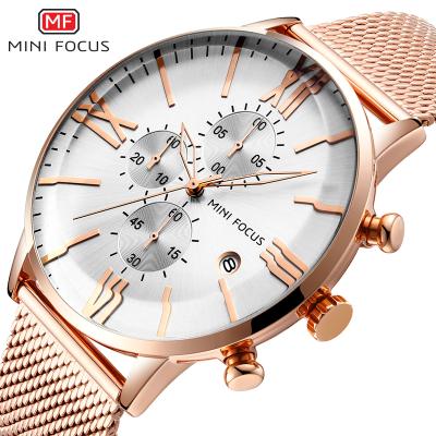 China Brand 2021 Auto Date Mini Focus MF0236G High Quality Stainless Steel Mesh Men Quartz Watch Luxury Chronograph Analog Your Own Watches for sale