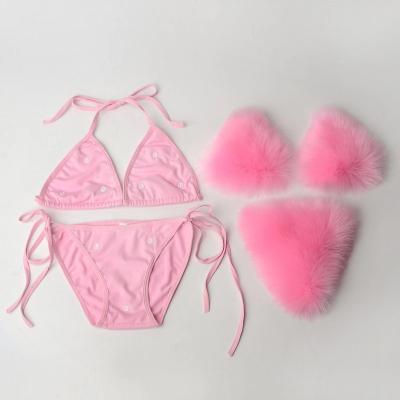 China 2023 New Soft Faux Fur Fox Fur Bikini Set Detachable Fur Bikini for sale