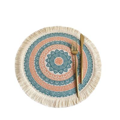 China Boho Wedding Sustainable Wholesale Printed Woven Round Dining Place Mats Set With Coaster Round Table Bohemian Woven Place Mats for sale