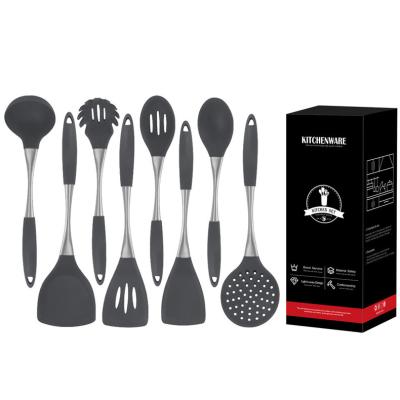 China Sustainable 10 Pieces Black Silicone Kitchen Cookware Set With Stainless Steel Hande Nylon Core for sale