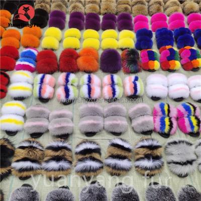 China CUSHIONING Manufacturers Wholesale Customized Super Luxury Lady Slippers Private Rainbow Fox Fur Slippers 100% Real Fur Lady Slippers for sale