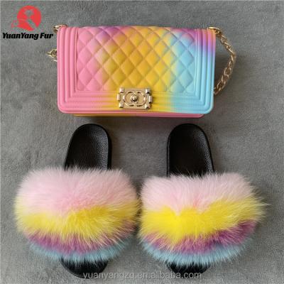 China CUSHIONING Stylish High Quality Women's Fur Slippers With Purses Smudge Fur Slippers With Purse Fur Slides for sale