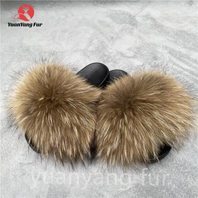 China CUSHIONING 2021NEW fashion real fur slides wholesale women raccoon fox fur slippers furry outdoor sandals for sale