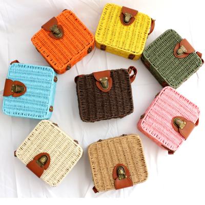 China Fashion Colorful Multi Color Cute Kids Cross - Body Bag Women Straw Bag Small Square Box Fashion Woven Beach Bag for sale