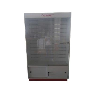 China Customized White Free Standing Melamine Slatwall MDF Display Cabinet With Storage for sale