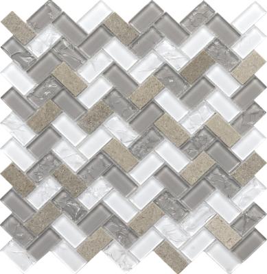 China Modern Ice Split Glass And Stone Marble Knit Backing Mesh Back Bathroom Wall Tiles Mosaic Tiles Glass Mosaic Tile for sale