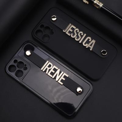 China Phone Leather Case For iPhone 12 Pro Metal Letter Leather Phone Case Max Custom Designer Custom Strap For iPhone 13 Pro Mini Max for sale