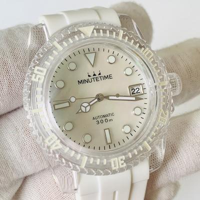 China Lady Automatic Mechanical Watch NH35 Man Day/Date 40mm Movement White Palmettes Leaf Pattern Acrylic Case Transparent Rubber Strap for sale