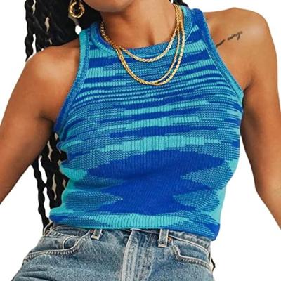 China 2022 Breathable Knit Sweater Tank Top Women's Y2k Sleeveless T-shirt Summer Casual Off Shoulder O Neck Blue Tank Top for sale