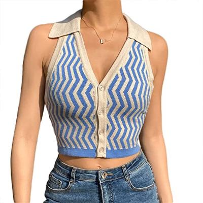 China Breathable Y2k Knit Sleeveless Button Deep V Camisole Camisole Vintage Striped Knit Open Back Cropped Top for sale