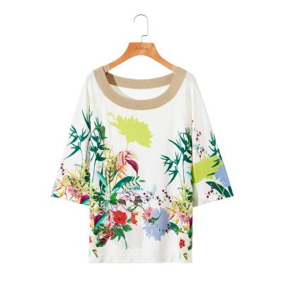 China Custom Logo Knit Mid Sleeve Crop Breathable Tops T-Shirts Women Long Sleeve Flower Printing Casual Loose Comfortable Sweaters Women Tops for sale