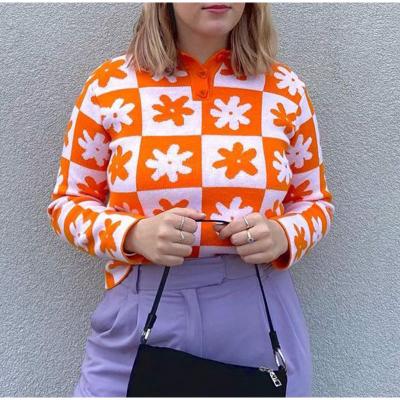 China Breathable Women Flower Plaid Knit Autumn Sweater 2021 Winter Female Turn Down Lady Casual Short Soft Coat Collar Button Knitwear Pullover for sale