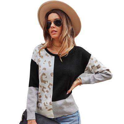 China New Breathable Custom Warm Crewneck Sweater Stitching Leopard Knit Sweater For Women Loose Pullover Sweater for sale