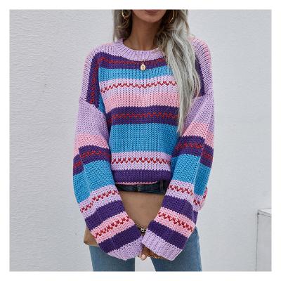 China 2022 Custom Winter Sweater Colorblock Breathable Rainbow Striped Round Neck Knit Sweater Women Round Neck Off Shoulder Knit Pullover for sale