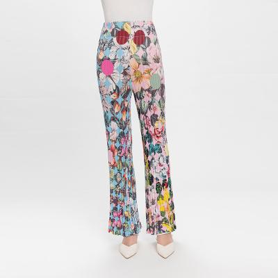 China Breathable Summer Loose Wide Leg Pants Flower Print Color Knitted Woolen Knitted Women Sets Trousers for sale