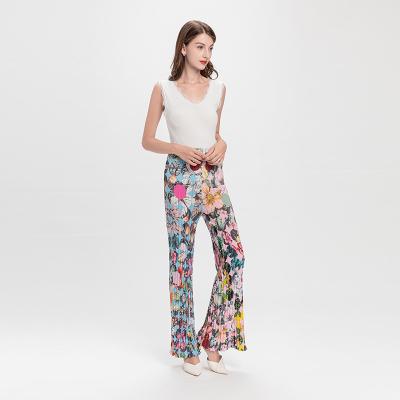 China Breathable Summer Beach Knitted Pants Flower Printing Pant Part High Waist Pants Loose Long Pants for sale