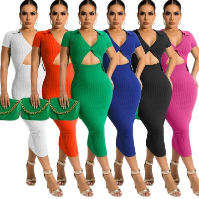 China 2022 Breathable Women Knit Cutout Ribbed Waist Bandage Tight Midi Dress Sexy Party Club Dress for sale