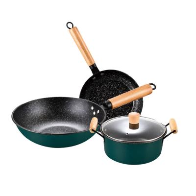 China Nonstick Frying Pan Pots High Quality Nonstick Aluminum Wooden Handle Iron Sets Viable Frying Pan 3pcs for sale