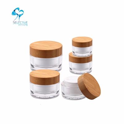 China Household Products 15g 30g 50g 100g Acrylic Cosmetic Cream Jar With Bamboo Cap for sale