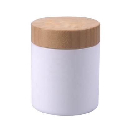 China 500ml White Glass Medicine Jar With Lid Bamboo Wooden Container Child Resistant CR Hemp Cap Container for sale