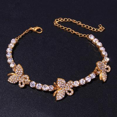 China Hot Selling CLASSIC Fashion Hip Hop Rhinestone Cuban Chain Jewelry Crystal Link Butterfly Anklet For Women for sale