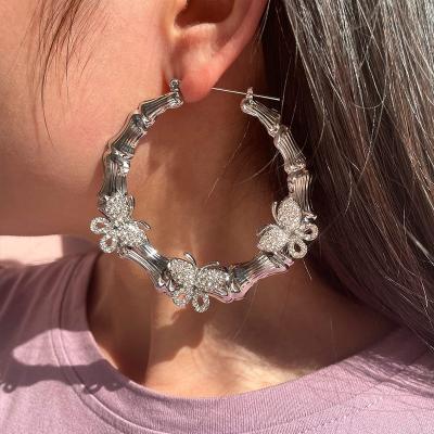 China CLASSIC Alloy Butterfly Hip Hop Fashion Circle Earrings Rhinestone Crystal Butterfly Girls Korean Big Rhinestone Bamboo Earrings For Women for sale