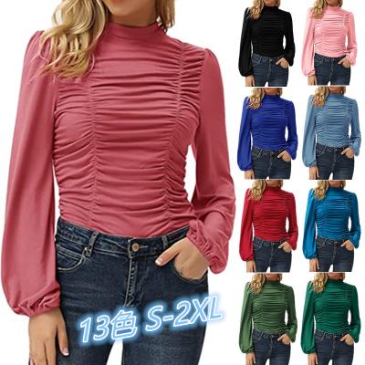 China Good Quality Breathable Solid Various Color Long Sleeves Slim T Shirt Women High Collar Pleated for sale