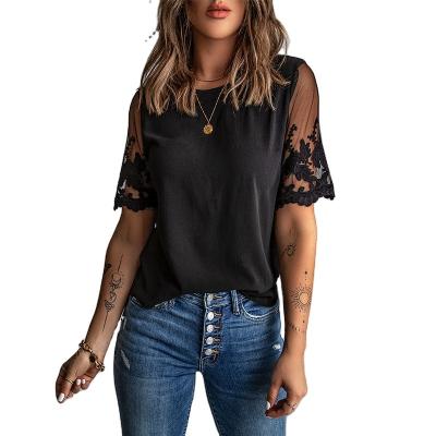 China New Arrivals Breathable Chiffon Shirt Casual V-Neck Lace Shorts Sheath Loose Fit Blouse Tops for sale