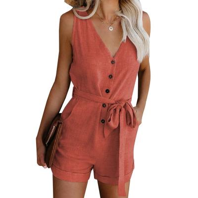 China Silvia Women Summer Breathable Sleeveless Jumpsuits And Rompers V Neck Overalls Button Down Short Culotte Rompers With Pockets for sale