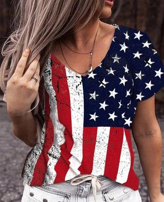 China Breathable 2022 Independence Day New Designs Clothes Women Apparel American Flag Printed V-Neck Short Sleeve T-shirt Striped Tops for sale