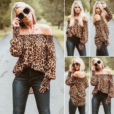 China 2022 Breathable Women Clothing Leopard Print One-shoulder Loose Lantern Sleeve Blouse Shirt for sale