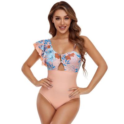 China 2022 New Fashion Lotus Leaf Sleeves Sexy One-shoulder Swimsuit Breathable One-piece Bikini Swimwear for sale