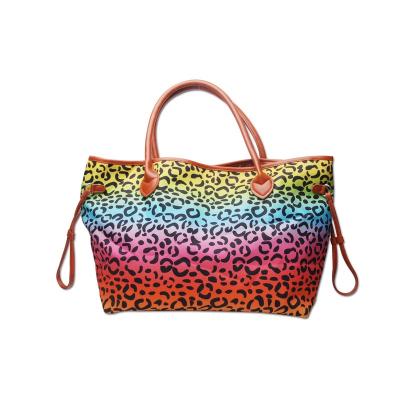 China Wholesale Fashion Rainbow Leopard Print Beach Handbag Canvas PU Women Shoulder Bags Weekender Casual Tote Bag for sale