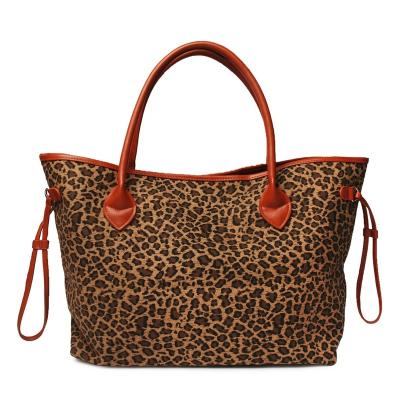 China Fashion Wholesale Brown Leopard Printed Canvas Tote Large Travel Weekender Handbags With Snap Closure for sale