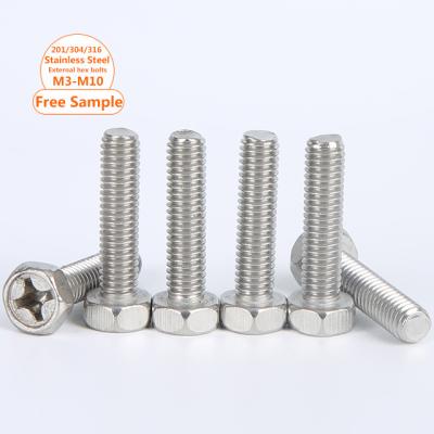 China Free Sample Stainless Steel Hex Bolt M3 M4 M5 M6 M8 Ss304 Ss316 External Hexagon Bolts With Cross Recess for sale