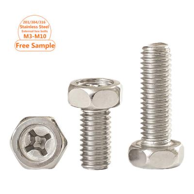 China SS304 Stainless Steel Factory Outlet External Cross Slot Hex Bolt Polished Stainless Steel Cross Recessed Hexagon Head Bolt With Recess for sale