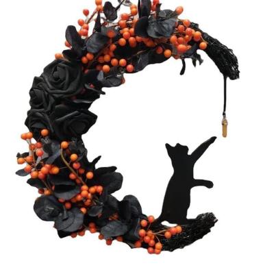 China Party Factory Home Front Door Decoration Outdoor Horror Atmosphere Designer Halloween Black Rose Black Cat Moon Garland for sale