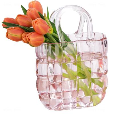 China Hot Selling High Quality Colorful Bubble Flower Handbag Plaid Bag Glass Vase Home Modern Farmhouse Decoration for sale