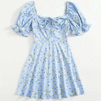 China Anti-Static Puff Sleeve Ruched Front Ditsy Floral Dress for sale