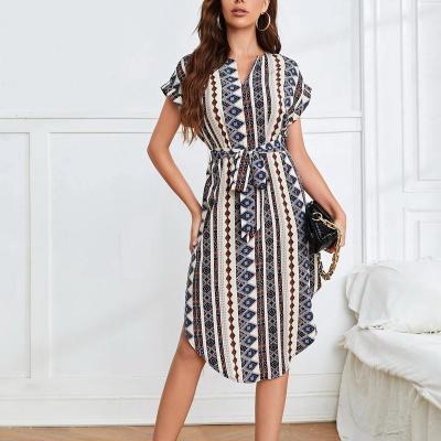 China Anti-Static Notch Neck Belted Geo Dress for sale