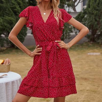 China Polka Dot Self Tie Ruffle Hem Anti-Static Dress for sale