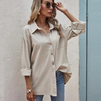 China Solid Anti-Shrink Women's Shirt Ladies Pocket Front Button Blouse Women Long Sleeve for sale