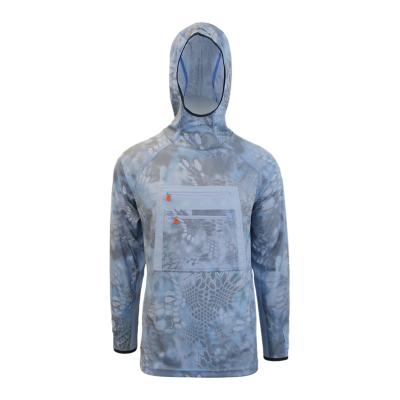 China Hooded Fishing Sleeve and Sides Mesh Vented Fishing Shirt Front Pockets SPF Shirt Sublimation Antibacterial Custom Fishing Shirt for sale