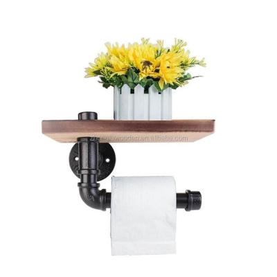 China Eco-friendly Industrial Standing Toilet Paper Holder Metal Wall Storage Missingift Tissue Roll Rack With Wood Shelf for sale