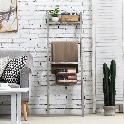 China Handmade Wall-leaning Rustic Gray With White Finish Wood Ladder Covering Style Rack for sale