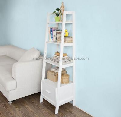 China ZL-21035 New Style White Handmade Storage Display Shelving Ladder Shelf Wooden Bookcase with Drawer and 4 Shelves for sale