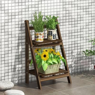 China Viable Brown Ladder Free Design Wood Plant Stand Flower Planter Box Dark Wooden Display Stand for sale